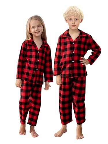 Schbbbta Pajamas for Mens, Family Flannel Red Plaid Pajamas Cotton 2-Piece Button Down Sleepwear Pjs Sets, Black Red, US M3