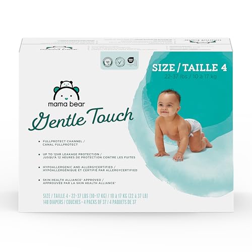Image of Amazon Brand - Mama Bear Gentle Touch Baby Diapers, Fragrance-Free, Size 4, 148 Count (4 packs of 37), with Skin Protection and Leak Protection