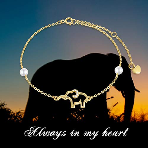 Image of SISGEM 10k Gold Diamond Elephant Bracelet for Women, Real Gold Pearl Lucky Jewelry Bracelets Present for Her, 6.4 inch+1 inch+1 inch