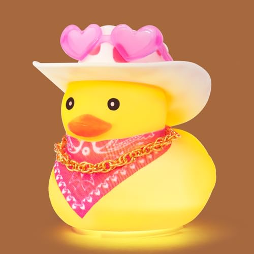 wonuu Cute Yellow Rubber Duck with Light Glowing Rubber Ducks with Pink Heart-Shaped Sunglasses Bandana Gold Chain Cowboy Hat, Dot Pink