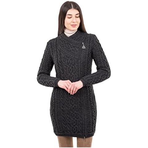 SAOL Irish Cardigan for Women Ireland Long Sweater with Pockets and Celtic Zipper Made of 100% Merino Wool (X-Large, Army Green) Cover