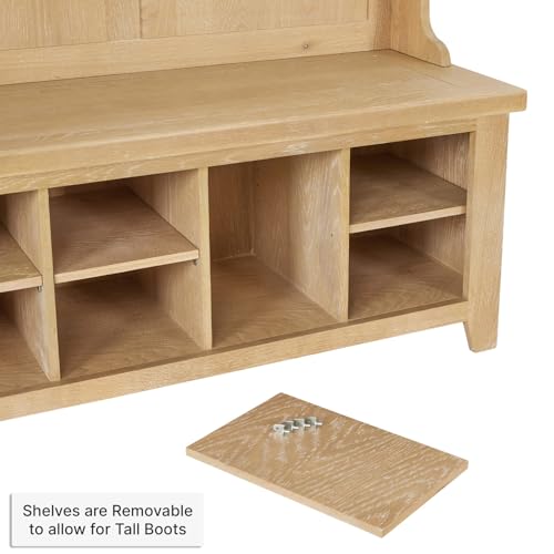 Cheshire Whitewash Oak Hallway Shoe Storage Bench with Coat Rack | Solid Oak Entryway Bench with Hooks and Adjustable Shelves | Minor Assembly Required | H 1960 x W 1180 x D 430mm (Bench Seat H 510mm) - Image 7