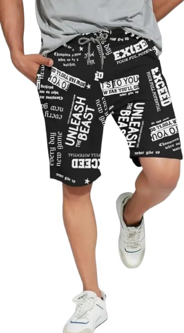 Men's Fashion Printed Shorts – Black & White Typography Design Casual Shorts-image-3