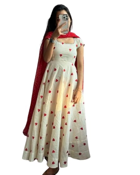 kalanagri Women’s Hand Block Red Heart Print Cotton Kurti Gown with Digital Print Georgette Dupatta Ethnic Wear-picture-18