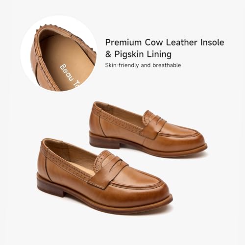 Image of BEAU TODAY Womens Leather Penny Loafers, Slip On Loafer Flats