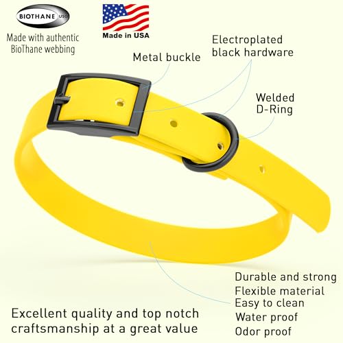 Image of Dogline Biothane Waterproof Dog Collar Strong Coated Nylon Webbing with Black Hardware Odor- Proof for Easy Care Easy to Clean High Performance Fits Small Medium or Large Dogs, Lemon Yellow