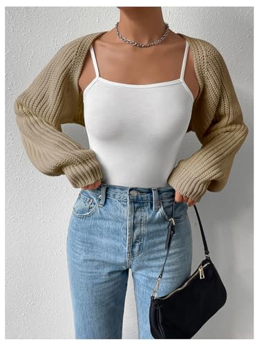 Image of GORGLITTER Women's Open Front Cardigan Sweater Trendy Dressy Cute Long Sleeve Bolero Shrug Fall Knit Short Cardigan Khaki X-Large