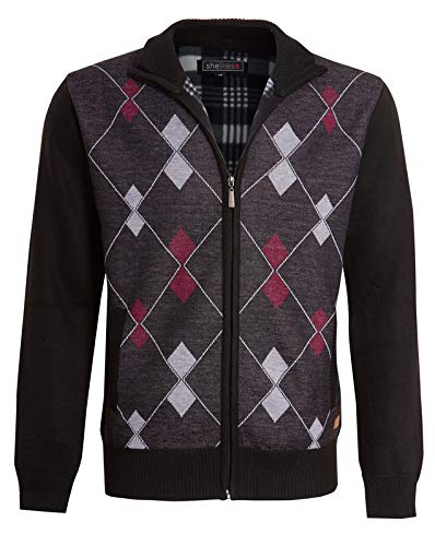 shelikes Mens Cardigan Diamond Pattern Check Fur Line Zip Up Long Sleeve Knitwear Pocket Grandad Jumper Sweater (Black L)