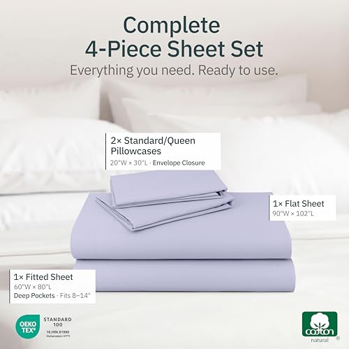 Image of Super Soft 100% Cotton Queen Bed Sheet Set, 4 Pc Set, Lavender | Lightweight & Breathable For Hot Sleepers, 14 inch Deep Pocket, All-Around Elastic, Durable, Easy Care, OekoTex Certified