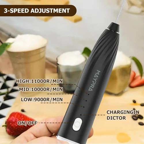 Image of Coffee Machine for Home Kitchen Handheld Whisk Beater Electric with 2 Attachments | 3-Speed Adjustable for Coffee, Latte, Cappuccino, Matcha Whisk & Milk Foam - 1200 mAh Battery Power (Black)