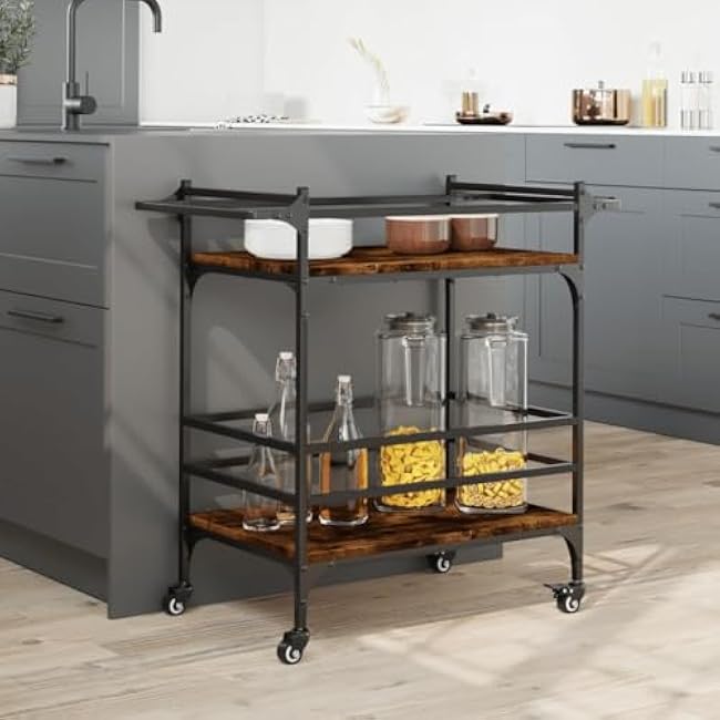 Maximize Kitchen Organization with Smoked Oak Kitchen Trolley, Ample Storage Space and Lockable Wheels, 32.3x15.7x30.9-29PMIydx