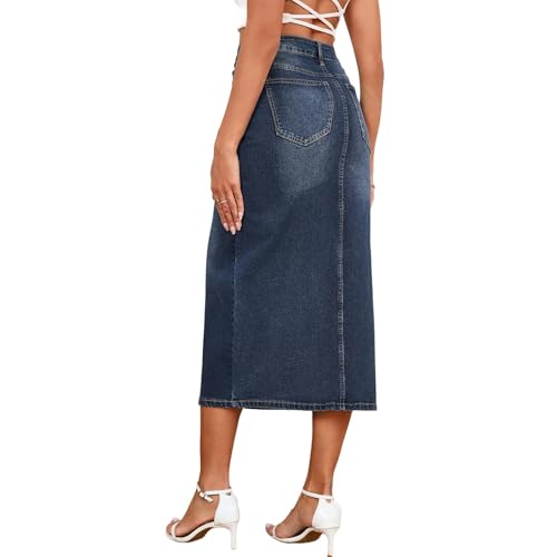 Women's Casual Jean Skirt High Waist Slit Midi Denim Skirt2