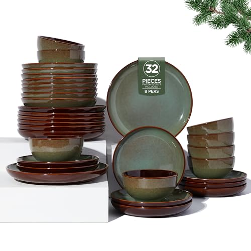 Pokini 32-teiliges Doppelschüssel-Geschirr-Set mit Nudelschalen, sehr splitter- und rissfesten Tellern und Schüssel-Sets, natürliche Keramik-Geschirrsets, Service für 8 Salbeigrün
