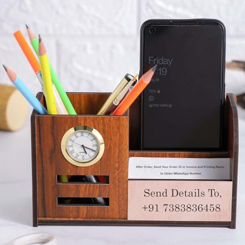 Image of Deskart Multipuropse Pen Holder Stand for Office Desk and Study Table | Multipurpose Stylish Stationary Organizer (Elite (With Clock), With Name Printing, Pen Holder)