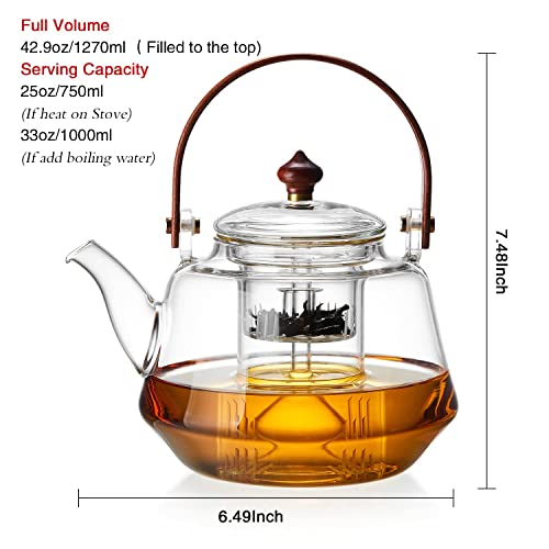 Dopudo Sundial Glass Teapot, Stove Top Safe, Borosilicate Glass Kettle With Removable Infuser, Heat Resistant Wood Handle For Blooming Flower Tea- 1250Ml/ 42Oz #TOP1