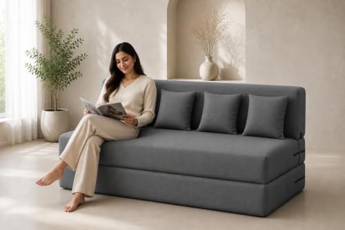 Image of Four Seater Sofa Cum Bed 6x6 Ft with Soft Foam Cushioning, Comfortable Foldable Sofa Bed for Living Room, Bedroom, Guest Room & Office(Grey)
