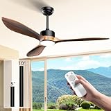 SUNNOCK 52’’Ceiling Fan with Light, 3 Solid Wood Blades, 3-Color Light 6-Speed Outdoor/Indoor Ceiling Fan for Bedroom,Living Room,Patio,Porch,Farmhouse,Reversible Silent DC Motor, Dark Walnut