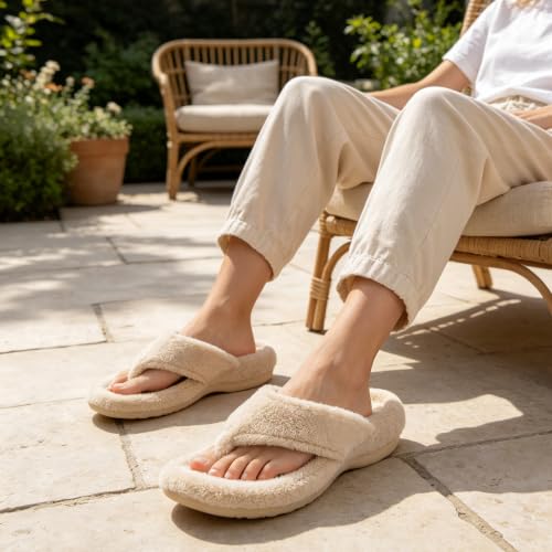 Image of BCSTUDIO Women's Orthopedic Flip Flop Fuzzy Slippers with Arch Support | Plantar Fasciitis Spa Thong Orthotic Slippers for Women, Open Toe, Non-slip Sole, Machine Washable, Indoor Outdoor