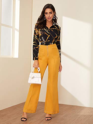 Sweatyrocks Women's Sexy V Neck Chain Print Long Sleeve Button Down Shirt Blouse Black Xl #TOP2