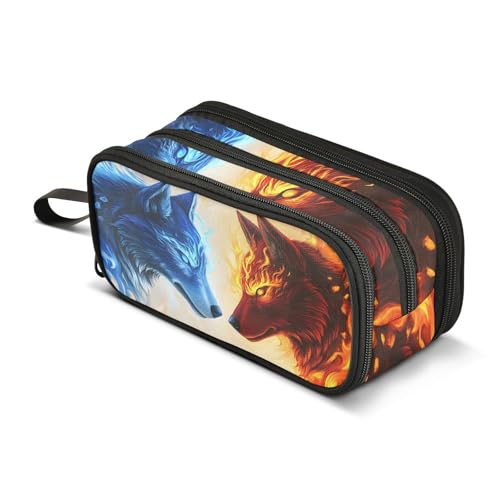 Image of Wolf Ice Blue Fire Pencil Case Box Boys Girls Large Pencil Pouch with Zipper Compartments Big Capacity Stationery Pen Bag Organizer for Kids Teens Adults School