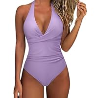 Maillot Femme pour Nager Bas De Maillot De Bain Bain Sexy Décontracté À Bretelles pour Femmes Couleur Unie Col en V Bikini Short Tankini (Purple M)