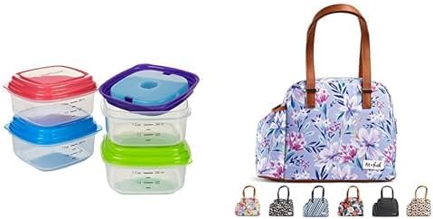 Fit & Fresh Tulane Floral Lilac Laketown Insulated Lunch Bag and Stak Pak Reusable Food Containers with 2 Ice Packs