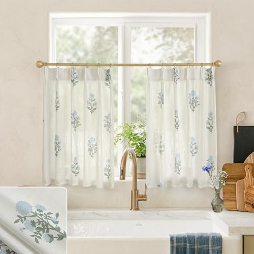 Lino Rosa Floral Cafe Curtains for Kitchen 36 Inch Length Pinch Pleat Linen Short Drapes for Small Window Blue Sage Green White Spring Cottage Core Farmhouse Style Semi Sheer RV Camper Curtains