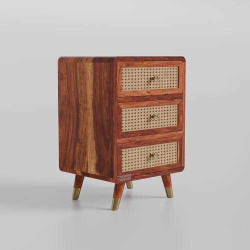 Image of DRIFTINGWOOD Amber Nightstand Bedside Table with 3 Drawers - Solid Sheesham Wood & Rattan Cane Front - Mid Century Modern Wooden End Table for Bedroom - Honey Finish