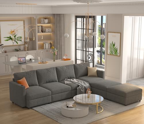 Image of QHITTY Convertible U Shaped Modular Sofa with Cup Holder, Sectional Couch with Storage Space, Living Room Sofa Bed- Grey