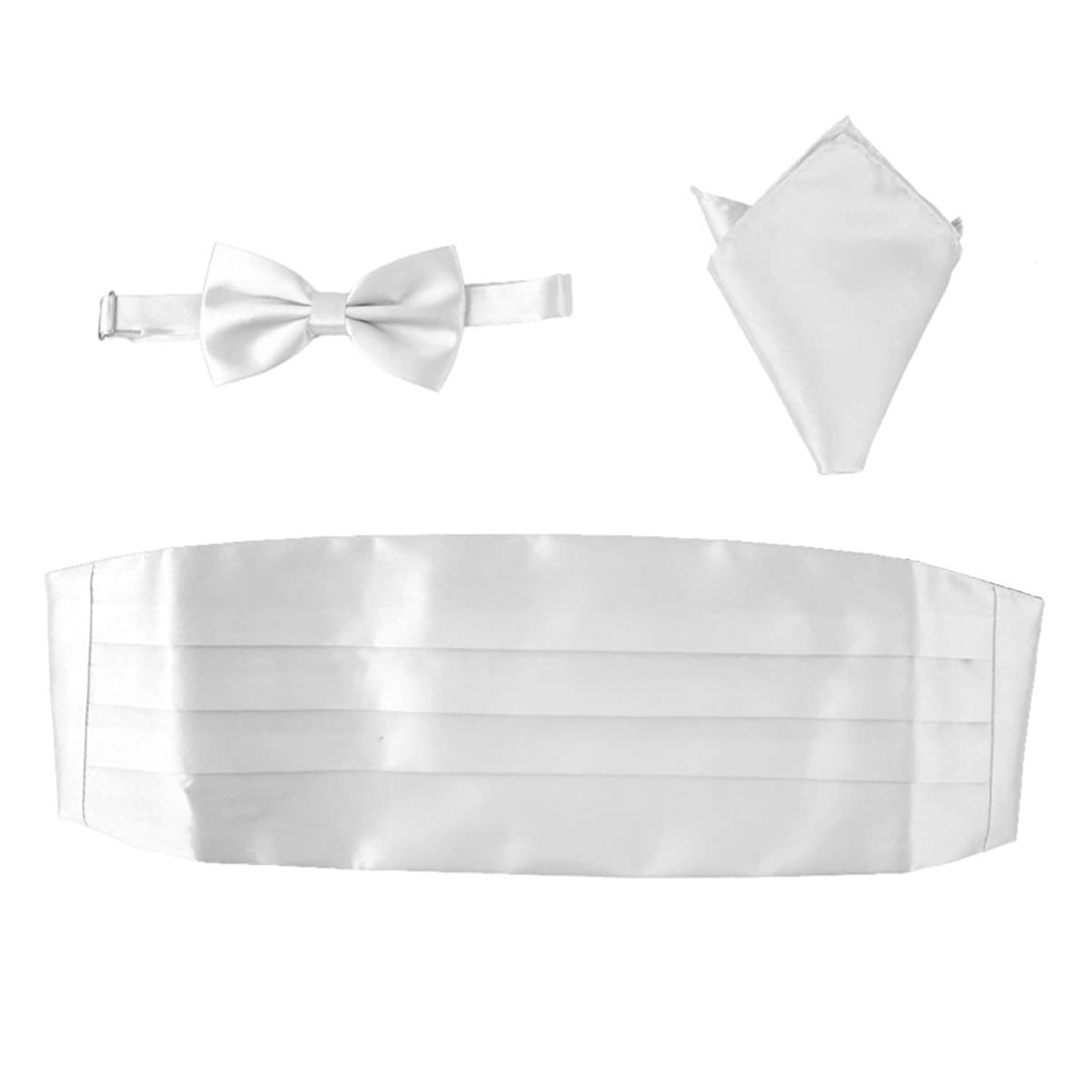 GALPADA Ensemble 3 Pièces Ceinture de Smoking Homme Blanc en Polyester Brillant Nœud Classique Pré-noué et Mouchoir, Taille Ajustable pour Cérémonies Formelles