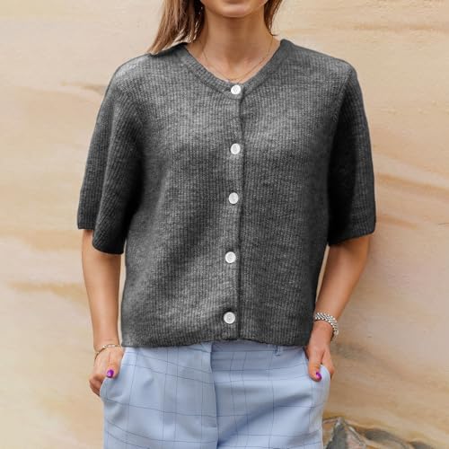 Image of Women Knitted Crop Cardigan Shirt Short Sleeve Button Down Ribbed Knit Crop Top Y2k Girls Outwear Top Tee Shirt