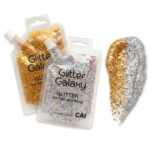 CAI Beauty Holographic Silver & Gold Glitter Gel Vegan Cruelty Free Face Body & Hair Glitter for Women Kids 3 Oz Each Cosmetic Grade No Mess Non-Toxic Easy Apply & Wash Off Concerts Holidays 2 Pack