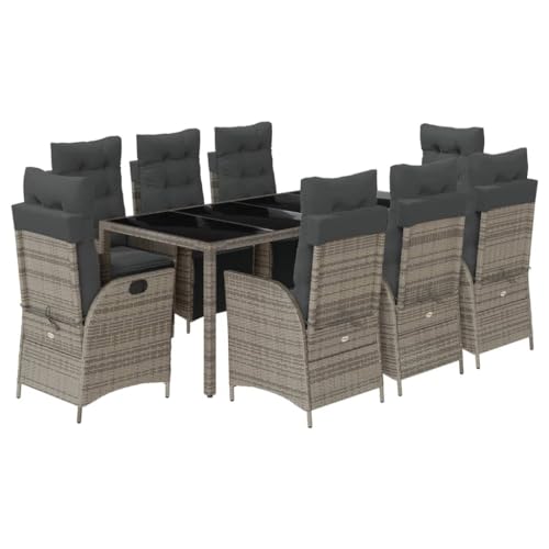vidaXL - vidaxl 9 Piece Poly Rattan Garden Dining Set with Cushions Grey Outdoor Patio Furniture Set - Adjustable Recliner Chairs and Glass Tabletop for Backyard or Garden Space