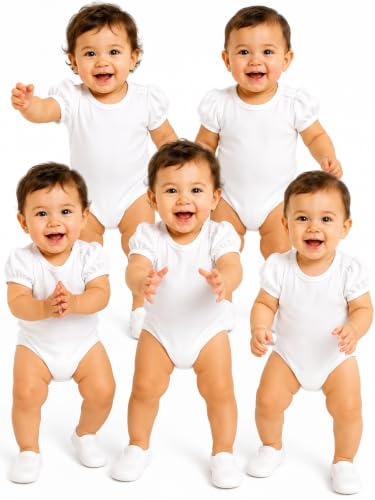 Image of TuddyBuddy 100% Cotton Plain White Short Sleeves Rompers /Bodysuits for Baby Girl (Pack of 5, Solid White Frill Sleeves, 0-3 Months)