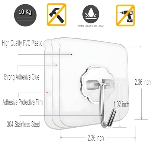 Image of 15 Pack Self Adhesive WallHook Heavy DutyHook for Hanging Without Drilling Transparent Nail Free StickyHook Strong Wall Hanger Set of 15 FlowerHook for Kitchen Bathroom Home Storage