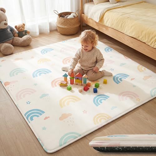 Image of 1.5 inch Thick Play Mat, 50 x 50 Memory Foam Floor Mat, Rainbow Macaron