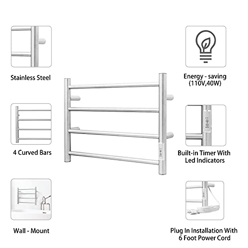 Keg Towel Warmer Wall Mounted With Built-In Timer 4 Bars Electric Stainless Steel Heated Towel Racks For Bathroom, Hot Plug-In Bath Towel Heater Brushed Nickel #TOP4