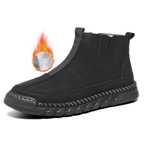 Men's Waterproof Leather Chukka Boots for Hiking Camping & Driving Fashion Warm Fur Lined Hand Stitched Round Toe Side Zipper Ankle Boots Comfort Casual Outdoor Walking Sneakers