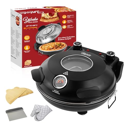 YIBAKE Pizzaofen elektrisch, 1200W Pizzabäcker in 4-Min-Pizza, 31cm Feuerfeste Pizzastein, Max 420℃ Pizzaofen mit 5 Garstufen, inkl. Pizzaschaber & Pizzaschieber, Schwarz