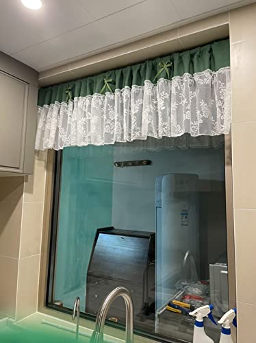 Cortina cocina ventana pequeña con visillo transparente, cenefa rústica de tul verde floral 5