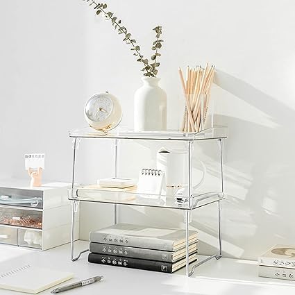 PUNJAN Stackable Shelves for Cabinets & Countertop - Storage Shelf Organizer Stand Racks- Foldable Shelves for Undersink, Kitchen Cabinets, Pantry, Countertops, Clear Plastic/Metal (2)-picture-20