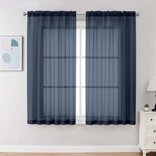 Image of Chyhomenyc Navy Blue Sheer Curtains 63 Inches Long 2 Panels, Light Filtering Bright Lightweight Curtains for Living Room, Soft Gentle Voile Rod Pocket Bedroom Window Drapes, 59Wx63L Inch, 2PCS