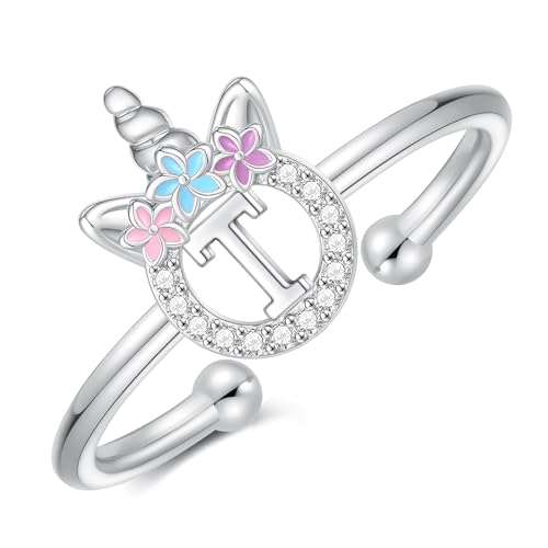 Unicorn Gifts for Girls - White Gold Plated Unicorn Initial Rings for Girls Kids Jewelry Adjustable Silver Letter T Initial Rings for Little Girl Toddler Teen girl Gifts Trendy Stuff Birthday Gift