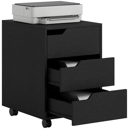 HOMCOM Caisson Bureau Mobile avec 3 tiroirs, Meuble Rangement Bureau sur roulettes pour Documents et imprimante, Caisson de Rangement Compact pour Travail ou...