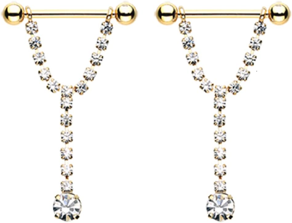 Pierced Owl - 14GA Clear CZ Crystal Chandelier Dangling Barbell Nipple Rings, Sold as a Pair