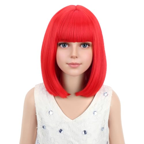 PATTNIUM Red Wig Short Red Bob Wigs for Child Kids Colored Cosplay Party Synthetic Rose Net Daily Wear Wigs