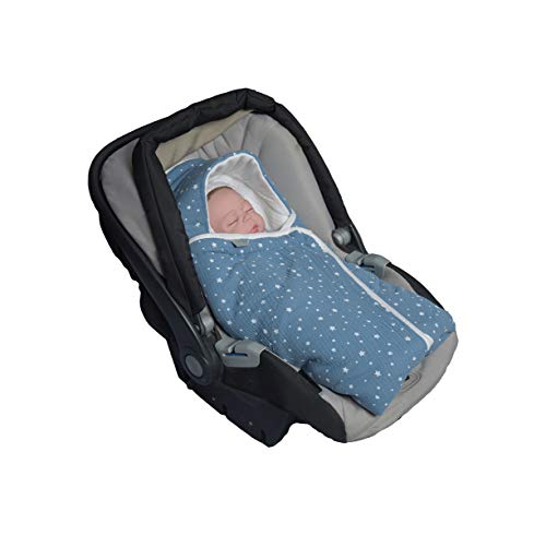MoMika Stars Musselin Unisex saco para capazo | Universal y multiusos | Saco nana bebés | 100% Manta de algodón y 100% el vellon | Bebés Saco de Dormir | Manta con Capucha (Denim)