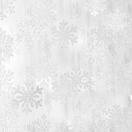 Image of Snowflake-Snow Silver Christmas Party-Decoration Garland - 52ft Frozen Winter Wonderland Ornaments Hanging Paper Streamers,New Years Birthday Baby Shower Wedding Holiday Ceiling Decor Hugfond