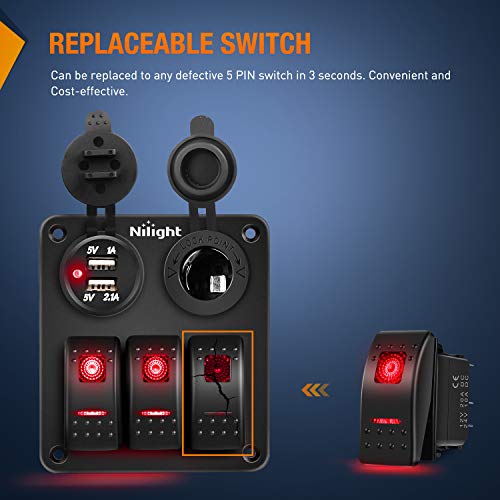 Nilight 6 Pack Rocker Switches with Night Glow Stickers 5 PIN SPST Red Backlit 12V/24V Toggle for Cars Trucks RVs Boats Auto Motorcycles