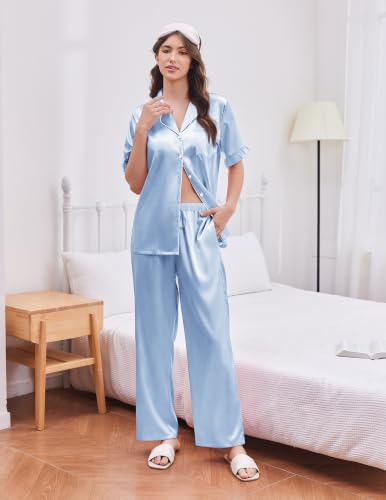Image of Ekouaer Silk Satin Pajamas for Women Set 2 Piece Short Sleeve Button Up Pjs | Two Side Pockets,Soft Bridesmaid Lounge Set,Bridal Ruffle Sleepwear,Wedding Party,Honeymoon Vacation,Postpartum